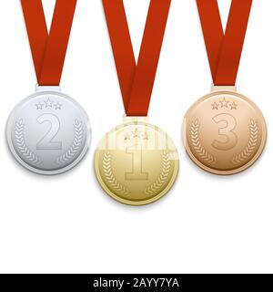 Gold Silber- und Bronzemedaillenvektor. Medaillensatz für Gewinner, Illustration Metallmedaillen für Sportveranstaltung Stock Vektor