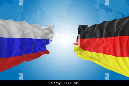 Russische und deutsche Flaggen sind zusammengepaart und stehen nebeneinander mit Kopierraum und blauem Gradientenhintergrund. 3D-Rendering. Stockfoto