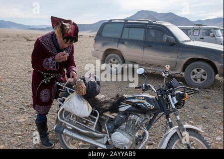 Auf dem Festgelände in der Nähe der Stadt Ulgii (Ölgii) im Bayan-Ulgii Provinc kommen ein kasachischer Adler-Jäger und sein goldener Adler mit dem Motorrad an Stockfoto