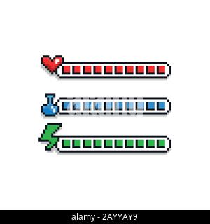 Pixel Art 8 bit retro gestylt Spiel-Design-Interface-Set - rote Gesundheit Indikator mit Herz, blaue Mana-Label mit Trank und grüne Energie-Ladeleiste - Stock Vektor