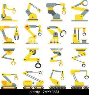 Flache Vektorsymbole für Roboterarm, Hand und Industrieroboter. Roboterindustrietechnik und Maschinenarmroboter für Fertigungsabbildung Stock Vektor