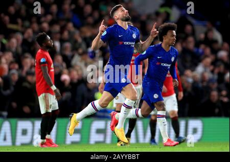 Chelseas Olivier Giroud feiert ein Tor, bevor es vom VAR nicht erlaubt wird, während des Premier-League-Spiels in Stamford Bridge, London, abseits zu sein. Stockfoto