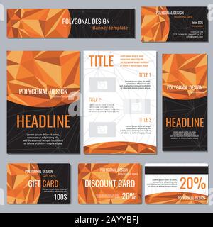 Flyer banner Broschüren und Karten mit orangefarbenen Polygonalelementen Corporate Identity Vector Template. Poster und Broschüre mit Polygonelementabbildung Stock Vektor