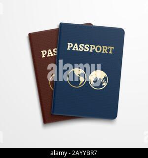 Reisepässe internationale Ausweispapierscheine. Vector Travelling Konzept. Reisepass zur Identifizierung von Personen und zur Veranschaulichung Reisepassdokument für Reise und Urlaub Stock Vektor