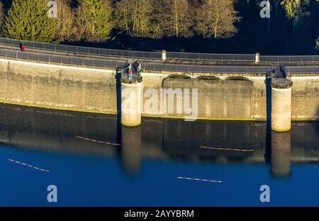 Luftbild, Glörtalsperre, Glör, Staudamm, Niedrigwasser, Breckerfeld, Ruhrgebiet, Nordrhein-Westfalen, Deutschland, DE, Europa, Vogelperspektive, Luftbild, Stockfoto