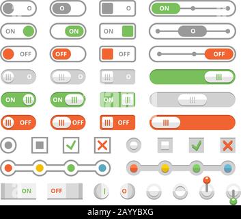Ein- und Ausschalter, Elemente des Benutzeroberflächenvektors. Satz von Schieberegler und Tastenabbildung Stock Vektor