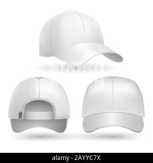 Realistische Baseball-Kappe vorne, seitlich, hinten. Modekappe Baseball für Sport, verspotter weißer Verschluss. Vektor-Darstellung des Lagerbestands Stock Vektor