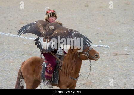 Wie sich Adler auf dem Goldenen Adler-Festival in der Nähe der Stadt Ulgii (Ölgi) dem Jägerwettbewerb (der Adler muss auf der Hand des Jägers landen) anpasst Stockfoto