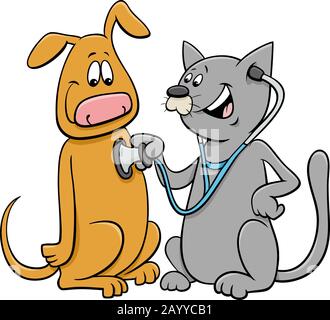 Cartoon Illustration of Cat Untersuchung des Hundes mit einem Stethoskop Stock Vektor