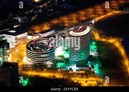 Luftbild, trivago N. V., Head Office Travel Agency, Ying-Yang, Media Harbor Düsseldorf am Rhein, City District 04, Düsseldorf, Rheinland, Nord Rh Stockfoto