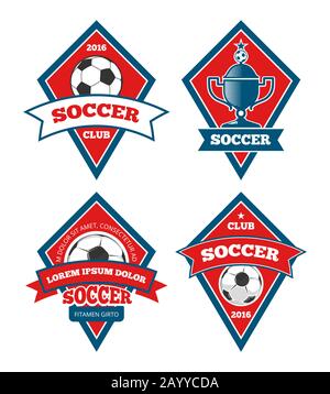 Fußball-Logo Schablonen Kollektion isoliert weiß. Set mit Emblem für Fußballturniere, Vektorgrafiken Stock Vektor