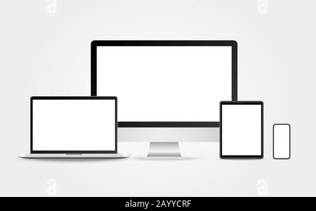 Computer, Laptop, Tablet und Telefon. Realistisches Mockup isoliert auf weißem Hintergrund. Monitor und Smartphone eingestellt. Moderne Vorlage für elektronische Geräte. Stock Vektor