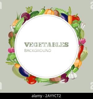 Menü mit Gemüse. Vektor-Emblem für Bioladen, gesundes Lebensmittelgeschäft oder vegetarisches Café. Banner von Gemüse mit Pfeffer und Rettich. Bannerillustration für das Menü "Gurken- und Karottengemüse" Stock Vektor