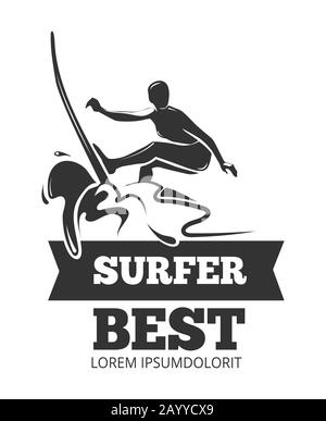 Surflogo mit Surfer über dem Brett. Symbol extrem im Meerwasser, Vektorgrafiken Stock Vektor