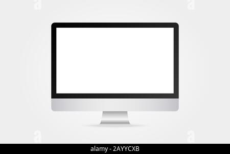 Überwachen Sie das Mockup. Vorlage für Computeranzeige isoliert auf weißem Hintergrund. Realistischer Monitor in silberfarbener Farbe mit schwarzem Rahmen. Modernes Bürogerät. Vektor Stock Vektor