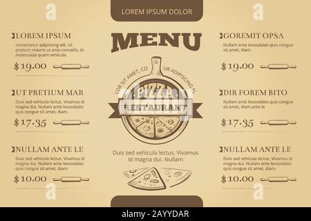 Restaurant Café Pizzeria Menü Vektor Vorlage Design. Menü für Restaurant, Beispielmenü für Pizzeria Stock Vektor