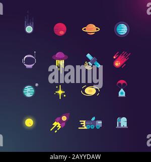 Symbole für Raum- und Vektorebenen festgelegt. Raumrakete und Planet, Raumschiff und Satellit im Universum, Weltraumraketentechnologie und Kometen-Illustration Stock Vektor
