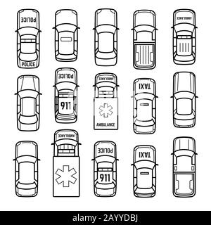 CARS Draufsicht dünne Linien Vektor-Symbole. Set mit Modellautosedan, Taxi- und Ambulanzwagen in linearer Darstellung Stock Vektor