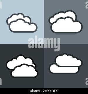 Weiße Symbole für flache Wolken auf Farbhintergrund. Trübes Wettersymbol. Vektorgrafiken Stock Vektor