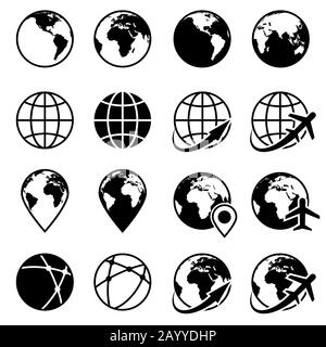 Symbole für den schwarzen Erdglobus von Vector. Planet Globe monochrom und Weltkugel der Set-Illustration Stock Vektor