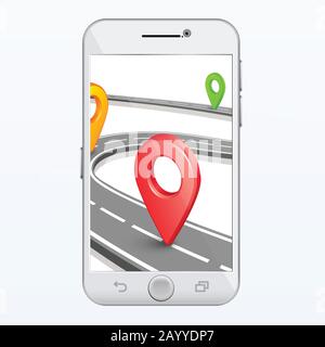 GPS-Smartphone-App-Vektor. Straße und PINs auf dem Smartphone-Bildschirm Stock Vektor