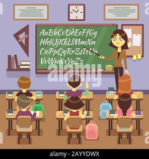 Schulunterricht im Klassenzimmer mit Schulkind, Schülern und Lehrern. Klassenraum mit Schüler, Lehrerstudium im Schulunterricht. Vektor-Ebene Abbildung Stock Vektor