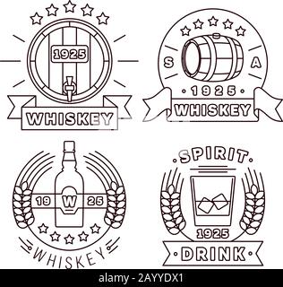 Illustration Whisky Logo in flacher Linienform. Vector Whiskey Alcohol trinkt moderne Etiketten für Pub und Whisky Bar Stock Vektor