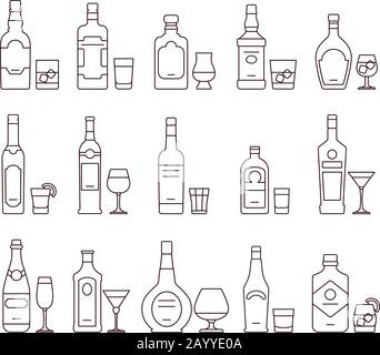 Alkoholgetränke Getränke Umrisse Symbole, Flaschen und Gläser dünne Linien Symbole. Getränkemarke mit Alkoholflasche und Glas, Illustrationssatz des Getränks Stock Vektor