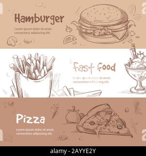 Vektor-Banner im Fast-Food-Design in handgezeichneter Form. Bannner fast Food und Pizza für die Speisekarte, Illustration Frühstück fast Food Stock Vektor