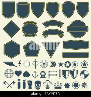 Vektorelemente für Militär, Armeepatches, Abzeichen. Satz mit Emblem für Armee und Militär für Muster und Armee-Illustration Stock Vektor