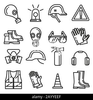 Sicherheitsarbeitsschutzelemente Vektorlinie dünne Symbole gesetzt. Objekt zum Schutz linearer Stil. Abbildung: Professionelle Schutzmaske für Atemschutzmaske und Schutzkleidung Stock Vektor