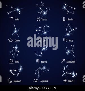 Tierkreiszeichen. Vektorsatz von Horoskopsymbolen der Astrologie, Bildkonstellation für Horoskop Stock Vektor