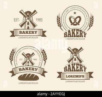 Vintage Bäckerei und Brotladen Logos Etiketten Embleme. Backwaren-Logo für Shop, Emblem mit Windmühle für Bäckerei. Vektorgrafiken Stock Vektor