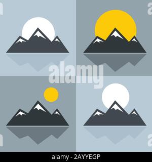 Bergsymbole mit Sonne und Spiegelung. Berg mit schneebedecktem Gipfel. Vektorgrafiken Stock Vektor