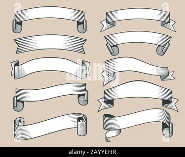 Banner mit Retro-Band in handgezeichneter Gravur. Sammlung von Farbband mit Bildlauf, Illustrationsvorlage Vintage-Farbbändern Stock Vektor