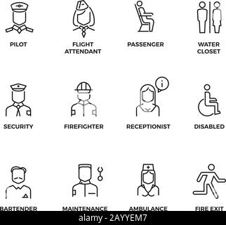 Lineare Vektorsymbole des Flugpersonals. Pilot, Passagier, Stewardess, Sicherheitsbeauftragter umreißt Symbole. Illustrationsmitarbeiter für Stewardess und Krankenschwester in der Luftfahrt, Zeilenset mit Symbol für Flughafen Stock Vektor