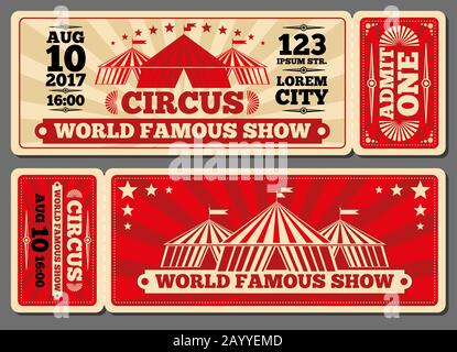 Circus Magic zeigt Eintrittskarten für Eintrittskarten. Eintrittskarte für den Eintritt zum Zirkus und die Vorlage für die Illustration Stock Vektor