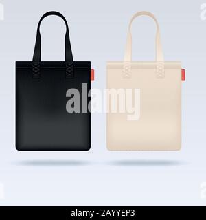 Weiße und schwarze Stoffhüllentaschen Vektor-Mockup. Realistische Illustrationstasche, Verpacken der Einkaufstasche Stock Vektor