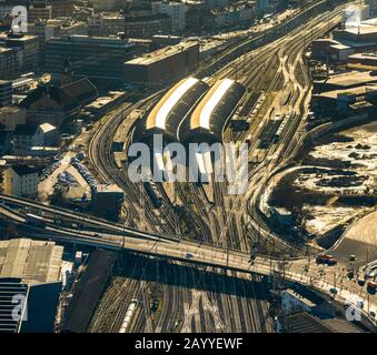 Luftbild, Hauptbahnhof Hagen, Hagen-Mitte, Hagen, Ruhrgebiet, Nordrhein-Westfalen, Deutschland, Bahngleise, Bahnhof, Brücke, Bun Stockfoto