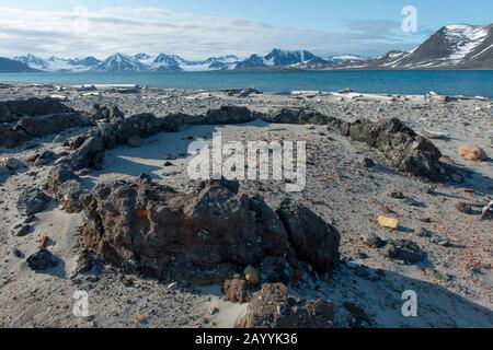 Überreste der Blubber Kocheries an einem Strand in Smeerenburg, Amsterdam Island im Nordwesten Svalbards, einer ehemaligen Walfangstation, die ihren Ursprung in Dänisch A hat Stockfoto