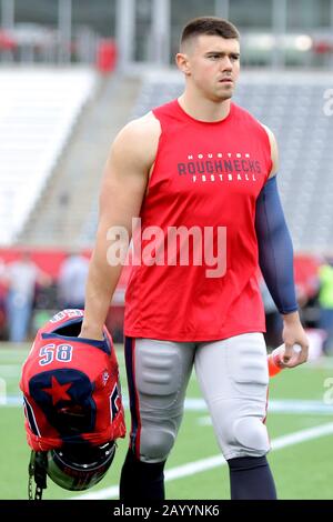 Houston, Texas, USA. Februar 2020. Houston Roughnecks Long Snapper Colton Taylor (58) vor dem regulären Saisonspiel der XFL gegen die St. Louis Battlehawks im TDECU Stadium in Houston, TX am 16. Februar 2020. Kredit: Erik Williams/ZUMA Wire/Alamy Live News Stockfoto