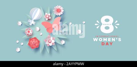 Happy Women Day Banner Illustration, 8. März. Niedliche 3D-Blumen, Schmetterlings- und Frauensymbol in origami-Kunsthandwerk für internationale Frauen Stock Vektor