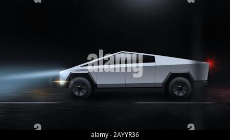 Tesla Cybertruck Illustration. Der elektrische Geländewagen fährt nachts auf einer Straße. Eine Straßenleuchte leuchtet das Fahrzeug auf. Es regnet und ist nebelig. Stockfoto