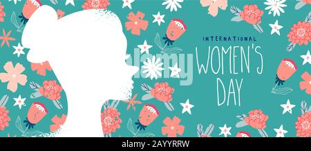 Internationale Webbanner-Illustration für Den Frauentag, Frühlingsblumenhintergrund mit schöner Silhouette für das Frauenprofil. Damen Event-Design in flacher Hand d Stock Vektor