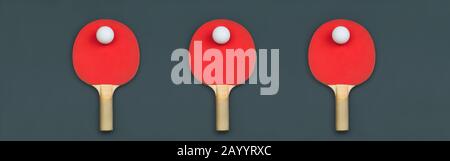 Rote Tischtennisschläger mit Bällen auf farbigem Hintergrund, Sportausrüstung für Tischtennisplatten Stockfoto