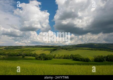 Cumulus-Wolken, die sich über einem Feld in der Nähe von San Quirico im Val d'Orcia bei Pienza in der Toskana, Italien, aufbauen. Stockfoto