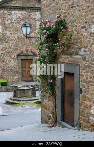 Häuser mit Blumen im befestigten Dorf Montefioralle in der Toskana, Italien, in der Nähe der Stadt Greve in der Chianti-Region. Stockfoto