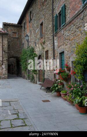 Häuser mit Blumen im befestigten Dorf Montefioralle in der Toskana, Italien, in der Nähe der Stadt Greve in der Chianti-Region. Stockfoto