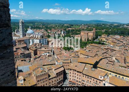 Blick auf die Stadt Siena mit dem Dom von Siena vom Turm Mangia (Torre del Mangia), erbaut 1338-1348, Toskana, Mittelitalien. Stockfoto