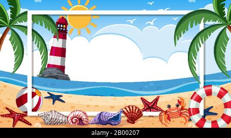 Rahmendesign mit Seashells und Krabben auf der Strandhintergrund-Illustration Stock Vektor